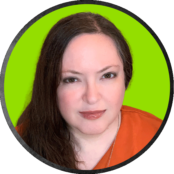 Photo of Amie on a bright green backgroud. She is wearing an orange shirt.