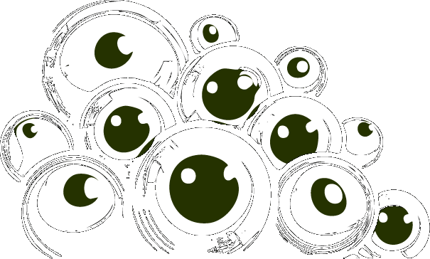 A white colored sketch of a pile of eyeballs.