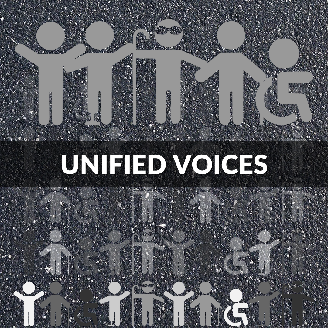 The cover page for a social media template called Unified Voices. Black background with diverse grayscale stick figures.