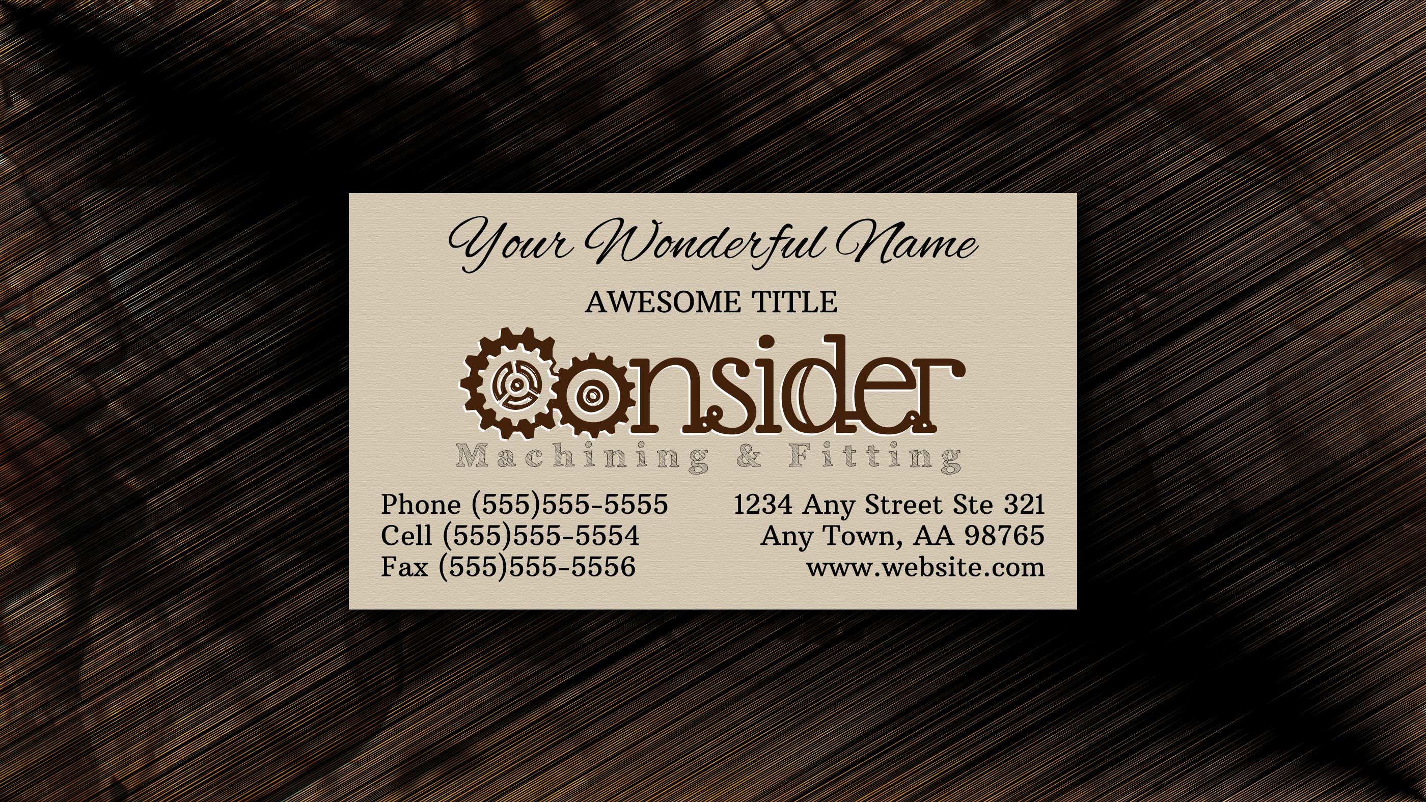 A business card with recyled paper and a logo with gears in dark brown.