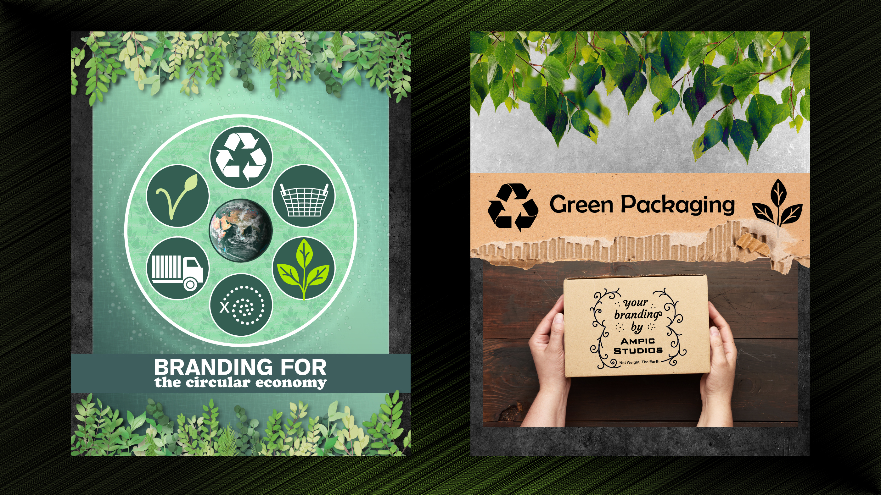 Social media graphics showcasing sustainable packaging and eco-friendly design, with photos of greenery and cardboard.