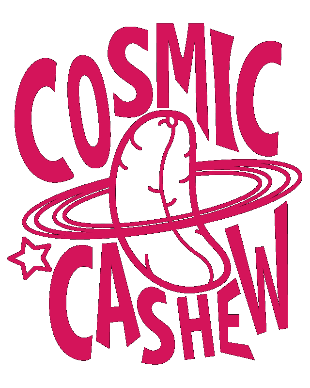 Cosmic Cashew Logo Draft A hot pink ringed planet, with a couple of stars and the words Cosmic Cashew.